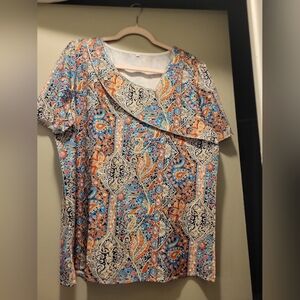 Multicolor Paisley Women's Top Modern Uneven Neckline Sz XXL
